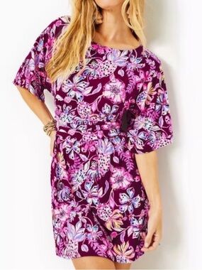 Lilly Pulitzer Parigi boat neck V back Floral Romper in Plum and Pink